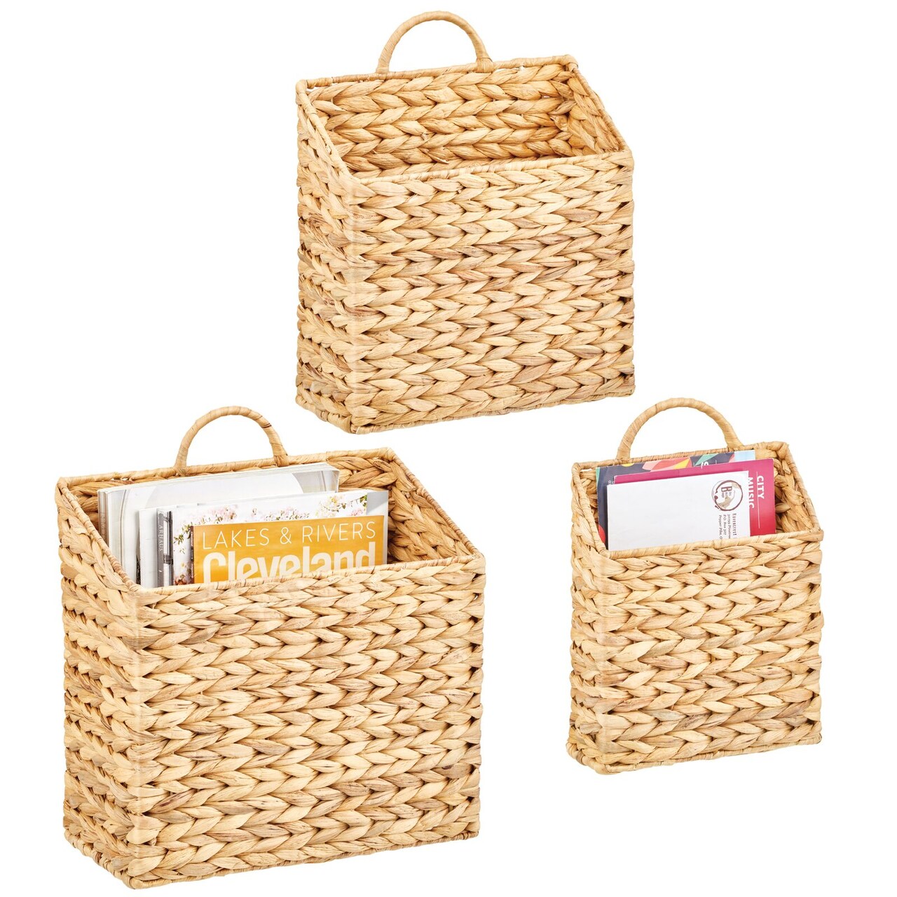mDesign Woven Water Hyacinth Hanging Wall Storage Basket - Set of 3, Natural